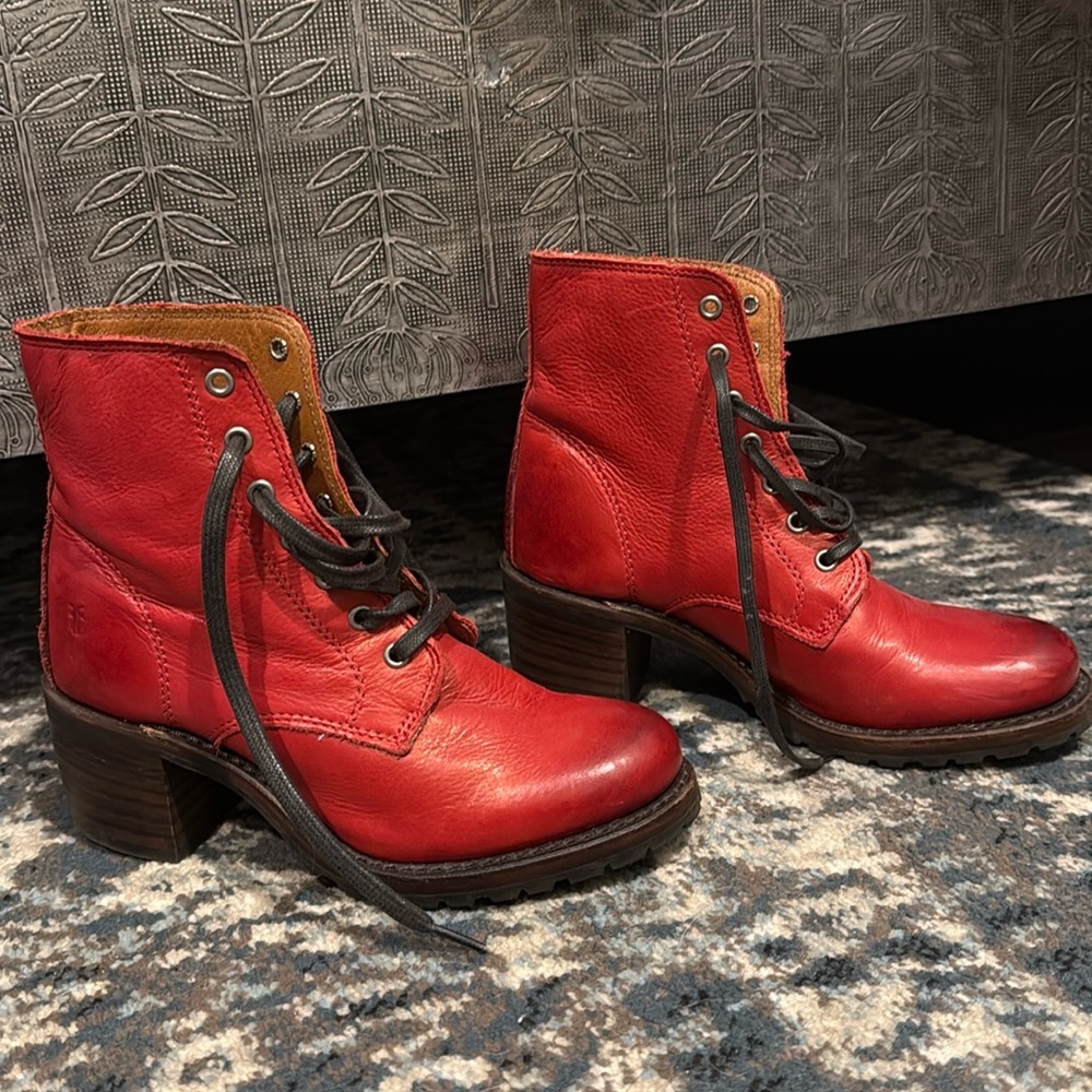 Frye Red Lace Up Boots with Rugged Sole